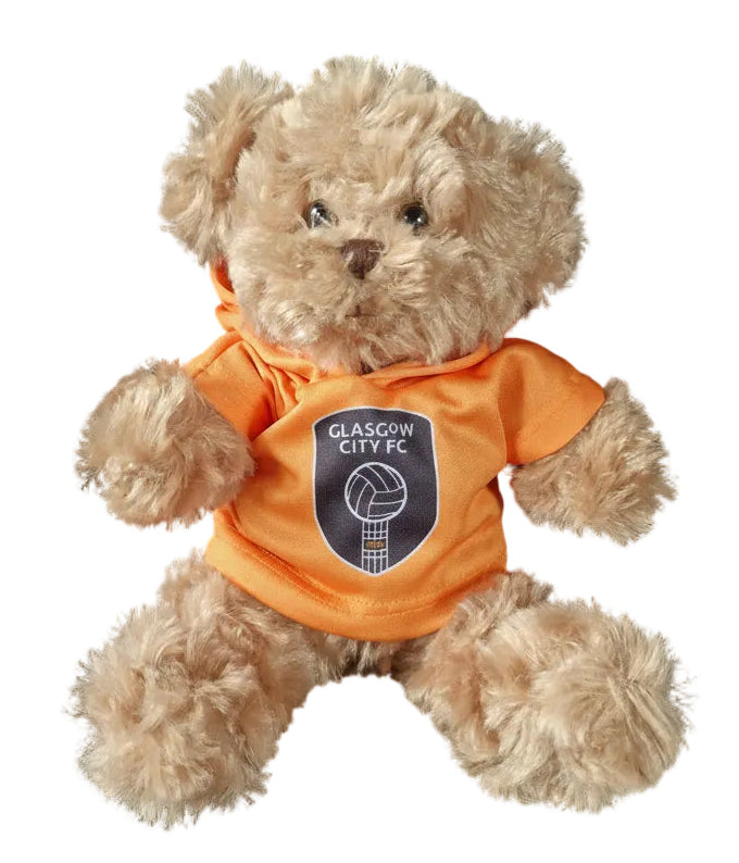 Small teddy bear ( H = )20cm wearing an orange shirt with a Glasgow City FC logo on a white background