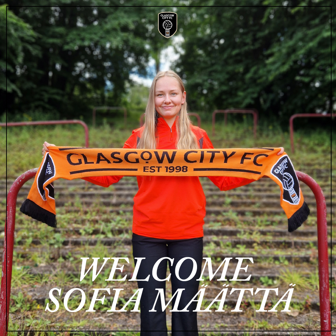 Glasgow City FC player Sofia Matta from Finland  holding a Glasgow City Scarf across her chest